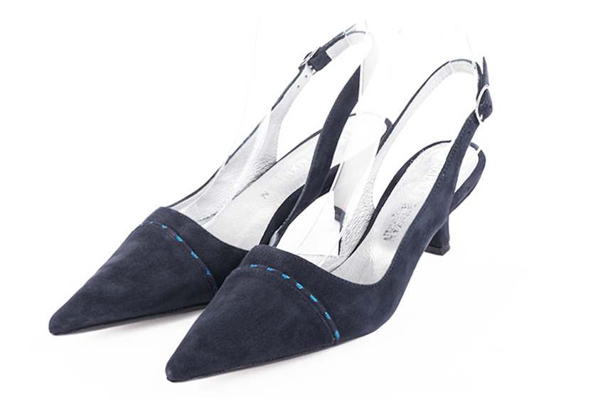 Navy blue women's slingback shoes. Pointed toe. Medium spool heels. Front view - Florence KOOIJMAN